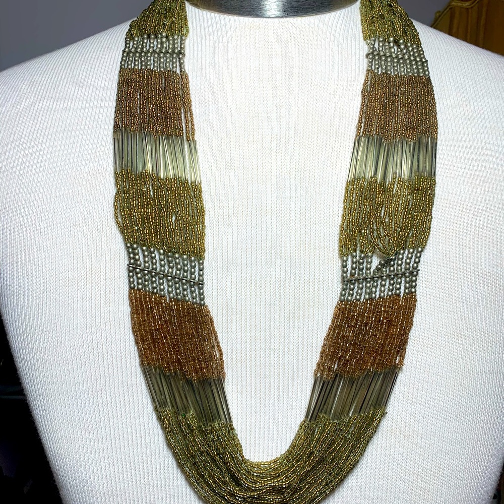 Boho Seed bead necklace multi strand gold and silver